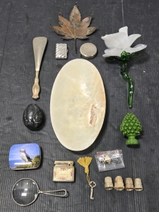 Hand-Made Stone Shallow Bowl - Made in Egypt, Real Sterling Silver Thimbles, Vintage Kreisler Lighter, Estēe Lauder Balm Box, Assorted Vintage Travel and Personal Knick-Knacks