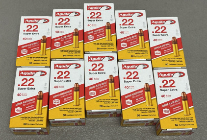 Lot Of (500) Aguila Super Extra .22 Ammunition, 40 Grains, (10) Boxes Of (50) Cartridges, High Velocity