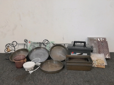(10) Vintage Metal Baking Pans, Ammo Box, Wall Decor, Microfiber Sheet Set, And More