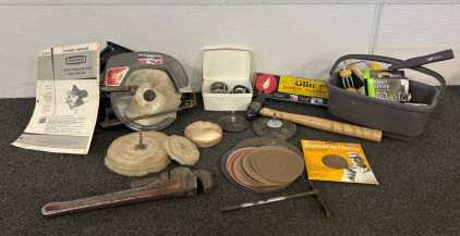 Sears Craftsman 7 1/4-Inch Circular Saw Power Tool 2 1/8 Horse Power, Vintage Germany Pipe Wrench Plumbers Wrench Red Handle Heavy Duty, Many General Purpose Coarse Sanding Discs, Fishing Reels Parts, Safety Flares, Plaint Supplies, True Temper Collectibl