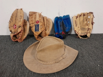 (4) Baseball Gloves And Felt Hat