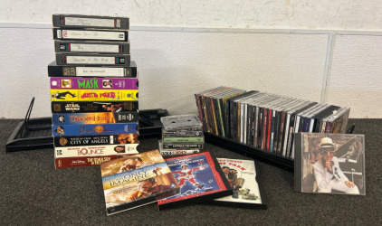 Movies and Music CD&rsquo;s, VHS&rsquo;s, And Cassette Tapes, With Cd Holder Rack