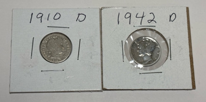 (1942) Liberty Micro Silver Dime And (1910) Barber Dime