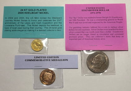 24kt Gold Plated 2005 Keelboat Nickel, Eisenhower Dollar 1971-1978, And Limited Edition Commemorative Medallion