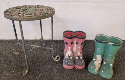 Vintage Iron Plant Stand with Green Glass Floral Center Patina Finish 12&rdquo; With Lady Bug And Frog Rain Boots Planters