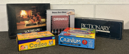 Board Games Such As The Loving Game, Cranium Cadoo, Cranium, Pictionary Quick Draw Game, And Drinko Shot Game