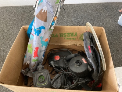 Box Of Air Matress Pumps, Chair, And Hiking Bag