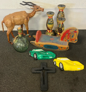 Vintage Handcrafted Antelope / Impala, Bombay Co. Hand Painted Candle Holders, Vintage Wooden Rocking Horse, Hand Painted Ceramic Corvettes, Vintage Glass Wine Decanter & More