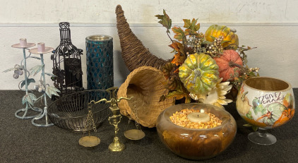 Home Decor Including 2 Cornucopias & Other Thanksgiving decor, Candle Holders, Balance Scale & more