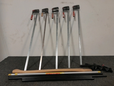(5) Bar Clamps, Metal Posts, and Axe Handle