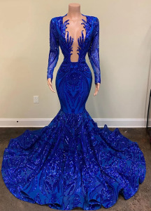 Long Sleeve Shiny Sequined Long Train Mermaid Prom Shower Party Evening Dress Celebrity Pageant Gown Royal Blue