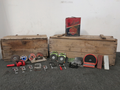 Various Modern And Vintage Tools, Wood Crates, And Vintage War Chief Motor Oil Can