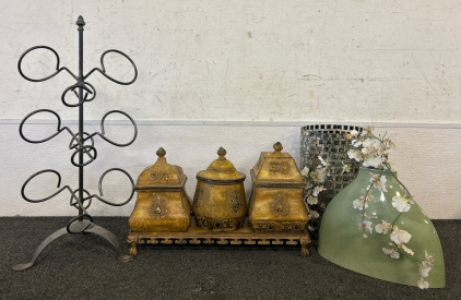 4 Pc Hall Canister Set Orange Poppy Rad, Bar Wine Accessory, Beautiful World Market Green Flower Decoation Vase Made In Portugal, Large Mosaic Mirrored Candle Holder, And More