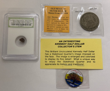 Old Mexican Silver Dollar, Kennedy Half Dollar, And Authentic Meteorite