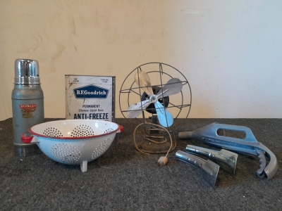 Antique Electric Fan, Lube Spouts, Strainer, Stanley Thermos, and B.F.Goodrich Anti-freeze