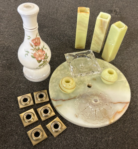 Vintage Lovely 14" Hand-Painted Milk Glass Boudoir Lamp Accessory, Onyx Chinese Seal Stone, Onyx Round Lamp Base, And other Lamp Accessories