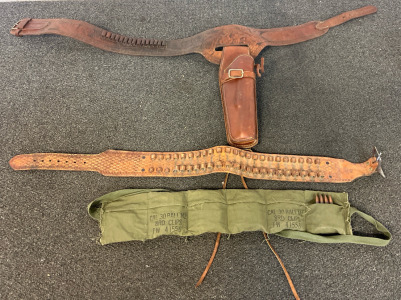 Western Style Gun Belt & Holster, Leather Ammunition Belt & US Army Ammunition Bandolier With Ammunition