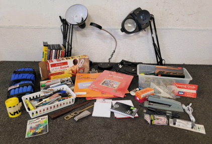 Office Supplies, Including Lamps, Writing Utensils, Pins, Memorabilia, And More