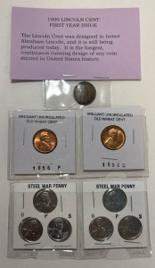 1909 Lincoln Cent First Year Issue, (2) Brilliant Uncirculated Old Wheat Cent, And (6) Steel War Pennies