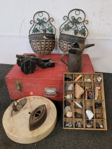 Decor, Including A Trinket Box With Trinkets, Wall Hanging Baskets, A Vintage Iron Base, And More