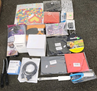 Misc. Lot- Including Party Balloons, CharBroil Folding Beer Can Chicken Roaster, 3 Tier Cupcake Stand, IPhone Charging Cord, And More!