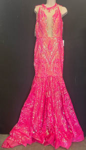 Shiny Sequined Long Train Dress, Fuchsia