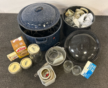 Home Cooking And Canning Vintage Lisk Round Speckled Enamelware Cold Pack Canner, Black Enamelware Stock Pot For Canning, Many Glass Mason Kerr Jars With Wide Mouth and Regular Caps, Parowax Household Wax For Canning, And More