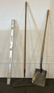 Nice Wooden Handle Square Shovel, Garden Rake With Wooden Handle, And Long Johnson Metal Leveler