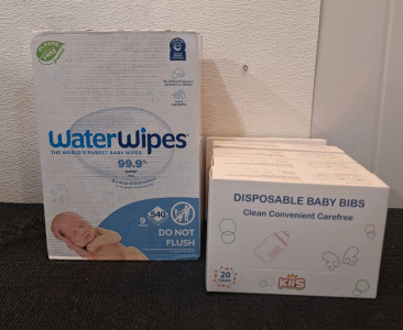 (1) Box Of (9) 60-Count Packs Of Water Wipes & (5) 20-Count Boxes Of Disposable Baby Bibs