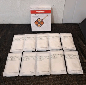 (1) Frenlicious 4-Egg Pan & (10) 8.5Oz (240g) Bags Of Nutrikitchen Sea Salt, Fine Grind, Kosher, Natural, Hand-Harvested Organic, Exp 05/21/29