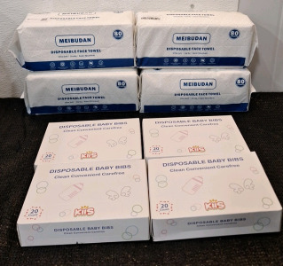 (4) 80-Count Packs Of Miebudan Disposable Face Towles & (4) 20-Count Boxes Of Kiis Disposable Baby Bibs