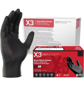 X3 Black Nitrile Disposable Industrial-Grade Gloves 3 Mil, Latex and Powder-Free, Food-Safe, Non-Sterile, Lightly-Textured