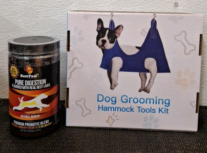 (1) Dog Grooming Hammock W/Tools & (1) 462-Gram Bottle Of Best Paw Nutrition Dog & Cat Premium Probiotic Prebiotic & Digestive Enzymes 5 Billion CFU Pure Organic Turmeric Coconut Oil Pumpkin & Kelp for Healthy Guts & Intestine, Exp 04/26