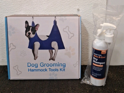 (1) Dog Grooming Hammock W/Tools, (1) 8-Oz BottleOf Honest Paws Dry Shampoo & (1) Box Of Assorted Amazon Overstock