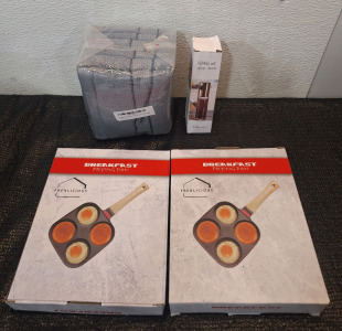 (2) Frenlicious 4-Egg Pans, (6) 14" X 24" Hand Towles, Grey & (1) Edible Oil Spray Bottle