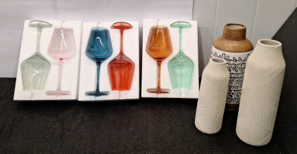 (1) 6-Piece Wine Glass Set & (3) Ceramic Vases
