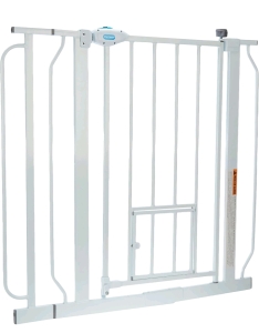 Carlson Extra Wide Walk Through Pet Gate with Small Pet Door, Includes 4-Inch Extension Kit,White and Amazon Basics Durable, Foldable Metal Wire Dog Crate with Tray, Single Door, 30 x 19 x 21 in, Black