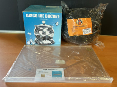 (1) Disco Ice Bucket (1) Dreamsseal Size 7 Foam Basketball (1) Clear Acrylic Cutting Board With Counter Lip