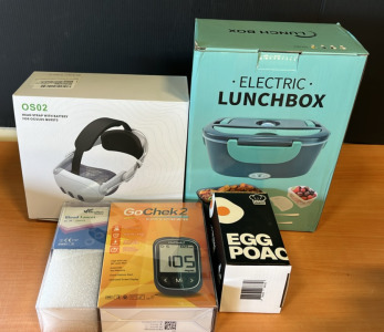 (1) Oculus Quest 3 Head Strap With Battery (1) Electric Lunch Bottle (1) GoCheck2 Blood Glucose Meter & More