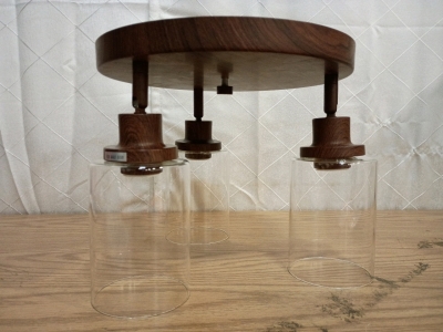 3 Light Flush Mount Light Fixture Simulated Wood Finish Clear Glass Adjustable Angle 12"