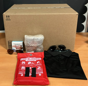 (1) Mountvibe Fire Blanket 40&rdquo;x40&rdquo; (1) Men&rsquo;s Longsleeve Sleep Wear (2) Sunglasses & An Amazon Overstock Box