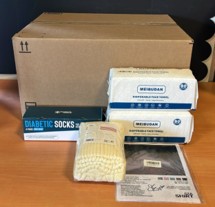 (1) Doctor Select 4 Pack of Diabetic Socks For Men (2) 80 Count Disposable Face Towel (1) SZA Shirt 8x10 Album Cover & An Amazon Overstock Box