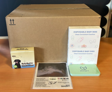 (1) SZA Music Album Cover 8x10 Pirnt (2) 20 Count Disposable Baby Bibs (1) Pet Naturals Busy Butter & An Amazon Overstock Box