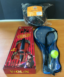 (1) Simulation Violin (1) Tennis Racket Set (1) Dreamsseal Foam Basketball Size 7