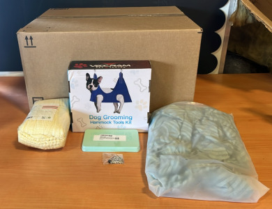 (1) Dog Grooming Hammock Kit (1) Christmas Stocking Pack (1) Celtic Trinity Knot Necklace & An Amazon Overstock Box