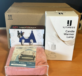 (1) Vecram Dog Grooming Hammock Tools Kit (1) Candle Warmer Lamp (1) Three Piece Stretchy Cushion Covers & An Amazon Overstock Box
