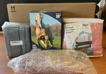 (1) Six Pack of Grey Cleaning Rag (1) Anti Burst Horse Ball (1) 16 Pack of Plastic Champagne Glasses & An Amazon Overstock Box