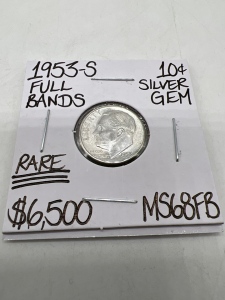 1953-S MS68FB RARE Full Bands SIlver Dime