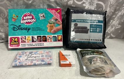 (1) Disney Zuru Mini Brands (1) Stretch Furniture Cover (Grey) Sofa (1) Premium Sage Leaf Tea Bags & More