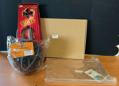 (1) Violin Toy (1) Dreamsseal Size 7 Foam Basketball (1) Acrylic Cutting Board With Counter Lip